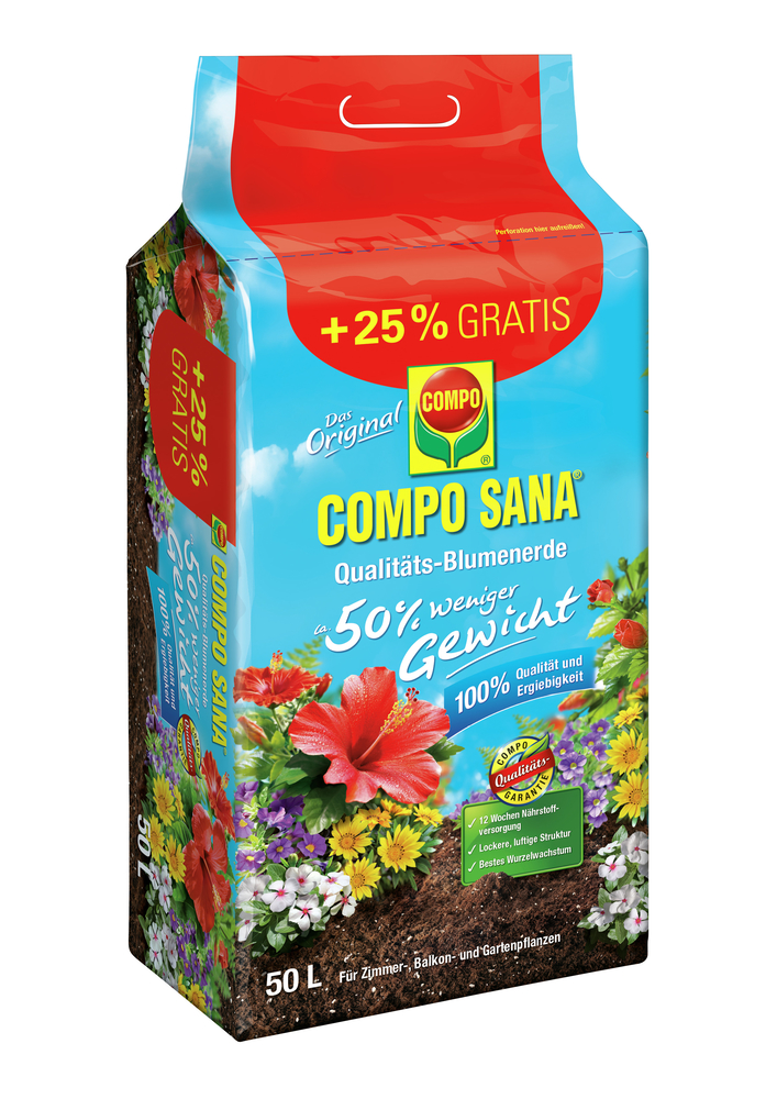 COMPO SANA Qualitäts Blumenerde 50% 50l COMPO COMPO SANA Qualitäts Blumenerde 50% 50l Compo PALETTEN-VE ca.50% we.Gewicht
